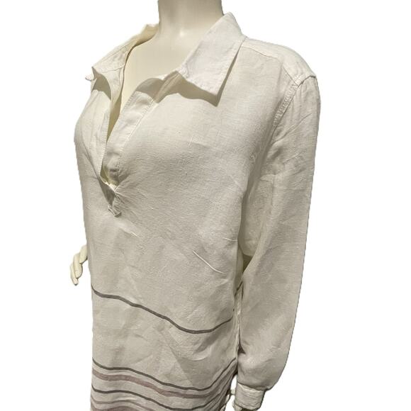 Tahari Linen Tunic Top L Striped Long Sleeve V-Neck Preppy Coastal Boho - Picture 3 of 14